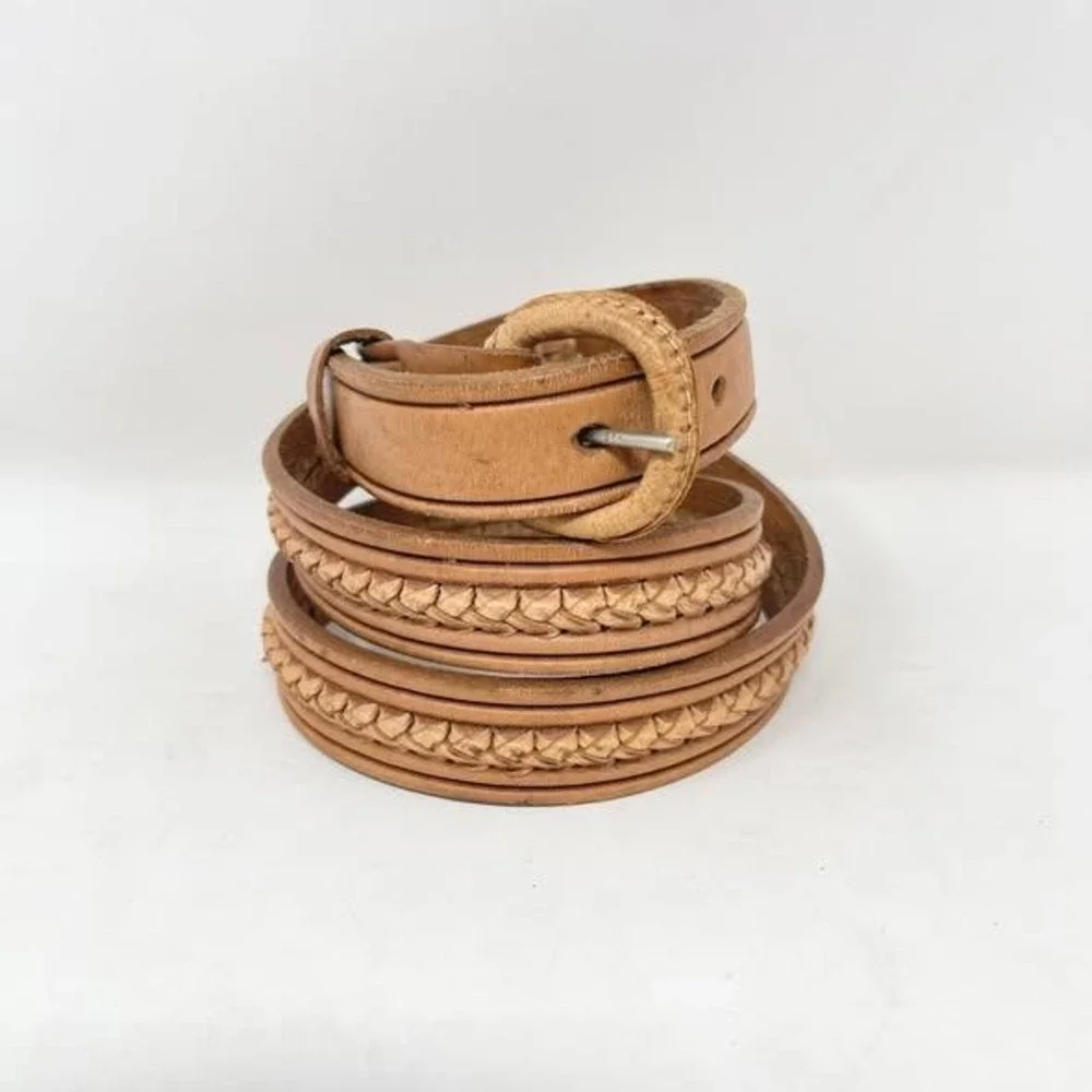 VTG Braided Belt Wms 36 Tan Brown Leather Hand Tooled Covered Buckle Western
